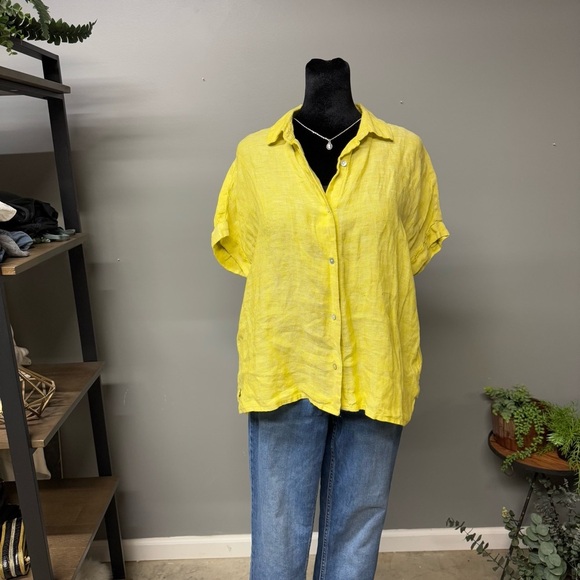 Rachel Roy yellow linen button down short sleeve shirt womens small summer - Picture 3 of 8